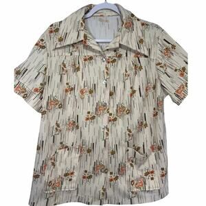 Vintage 70s Womens Blouse Cream Floral Mod Collar Cottagecore Medium Grannycore